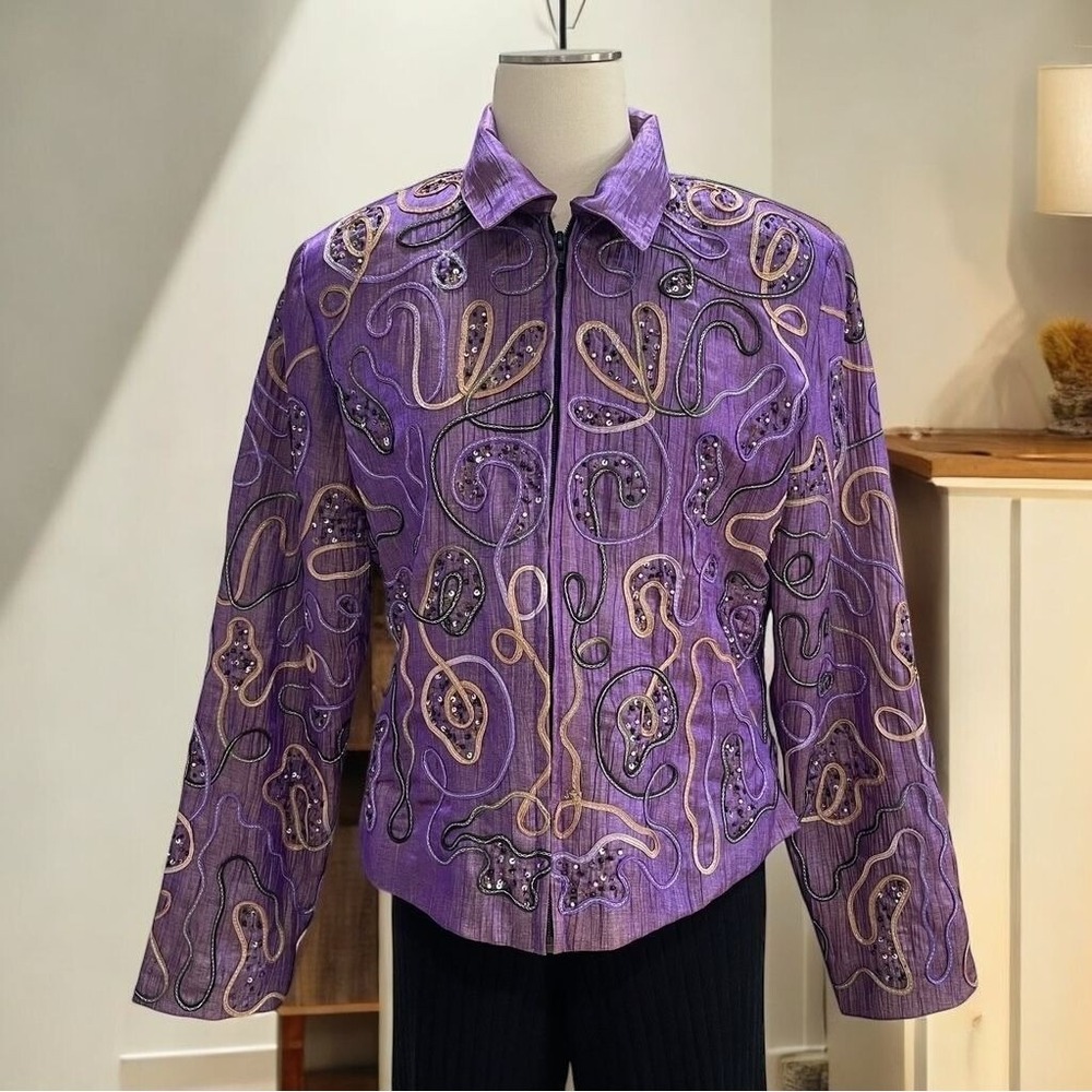 Vintage Patchington Purple Embellished‎ Metallic Jacket S Embroidered Boho